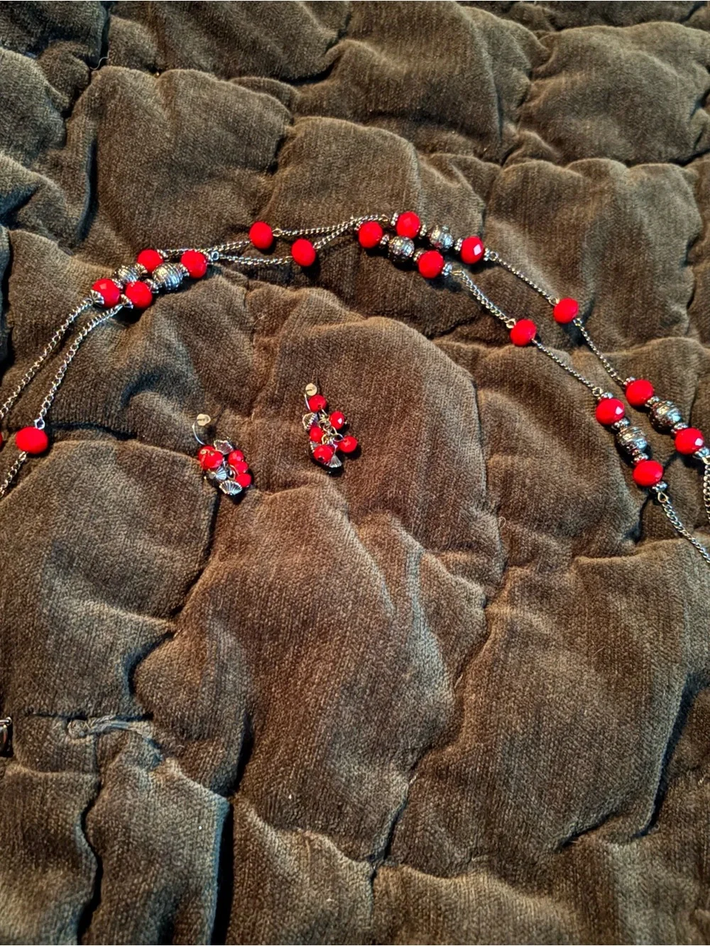 Red Bead Double-Strand Necklace and Earrings Set